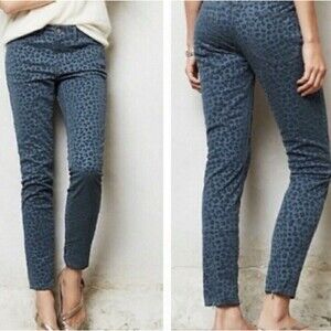 Anthropologie Pilcro 27 Denim Velvet Leopard Jeans Skinny Blue Green Leg Zippers